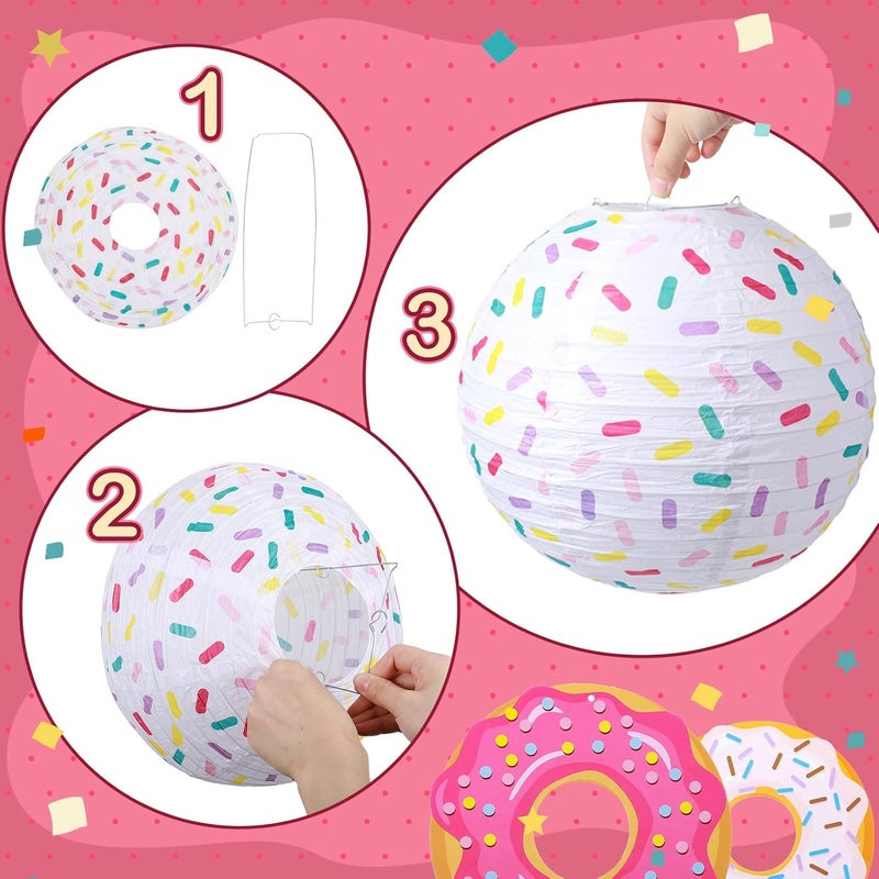 Hortsun 24 Pcs Donut Birthday Party Decorations  Theme Table Cover 8 Paper Lanterns Honeycomb Ball 2 Paper Fans 10 Hanging Swirls 4 Balloons Garland for Baby Shower - Image 4