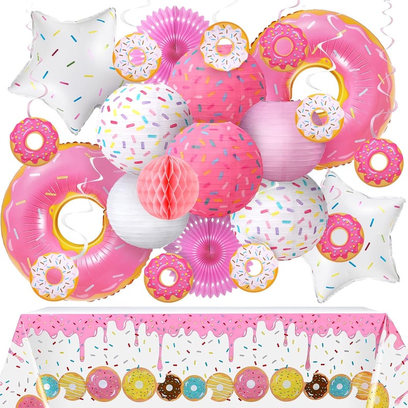 Hortsun 24 Pcs Donut Birthday Party Decorations  Theme Table Cover 8 Paper Lanterns Honeycomb Ball 2 Paper Fans 10 Hanging Swirls 4 Balloons Garland for Baby Shower - Image 1