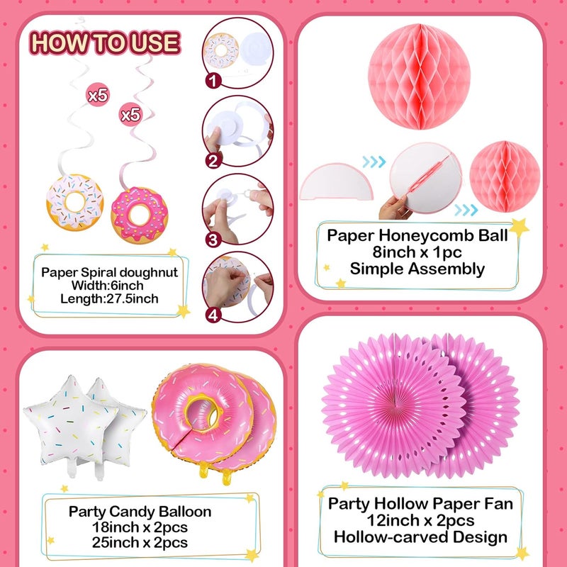 Hortsun 24 Pcs Donut Birthday Party Decorations  Theme Table Cover 8 Paper Lanterns Honeycomb Ball 2 Paper Fans 10 Hanging Swirls 4 Balloons Garland for Baby Shower - Image 3