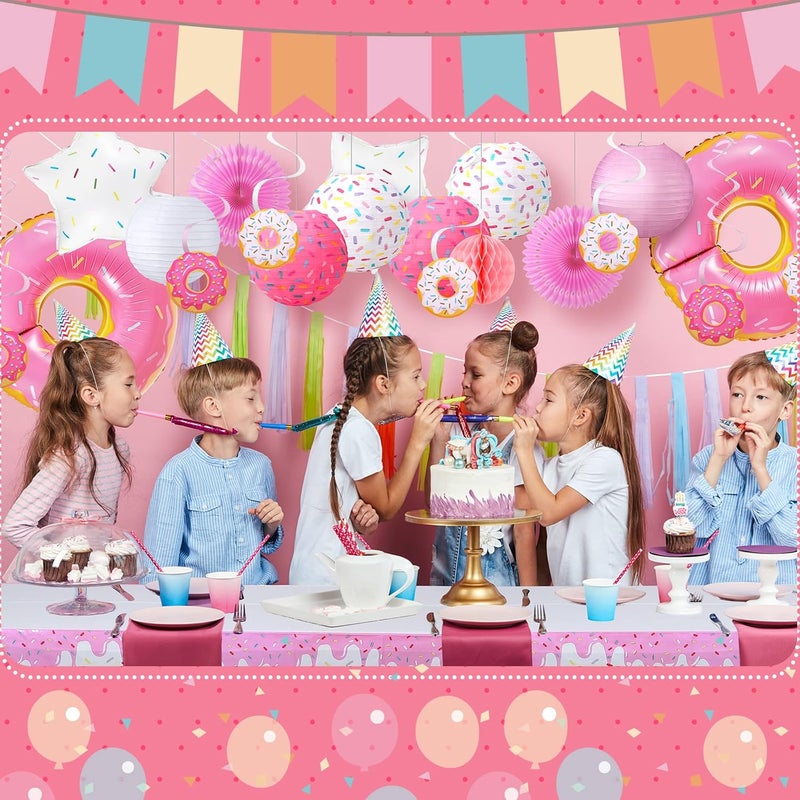 Hortsun 24 Pcs Donut Birthday Party Decorations  Theme Table Cover 8 Paper Lanterns Honeycomb Ball 2 Paper Fans 10 Hanging Swirls 4 Balloons Garland for Baby Shower - Image 5