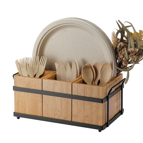 PTSTING Silverware Caddy Wood Utensil Holder Paper Plate Dispenser Silverware Utensil Caddy Cutlery Flatware Organizer Box for Spoons Forks Plates Napkins - Image 1