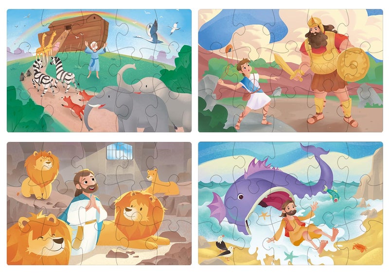 MoinKidz Bible Puzzles for Kids 4in1 Wooden Jigsaw Puzzles in Box 15 Piece Each Christian Religious Toys for Kids Noahs Ark Daniel in The Lions Den David and Goliath Old Testament - Image 3