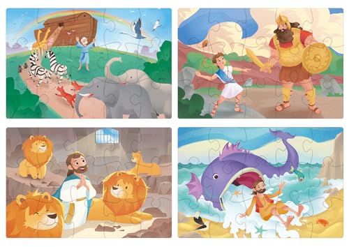 MoinKidz Bible Puzzles for Kids 4in1 Wooden Jigsaw Puzzles in Box 15 Piece Each Christian Religious Toys for Kids Noahs Ark Daniel in The Lions Den David and Goliath Old Testament - Image 1