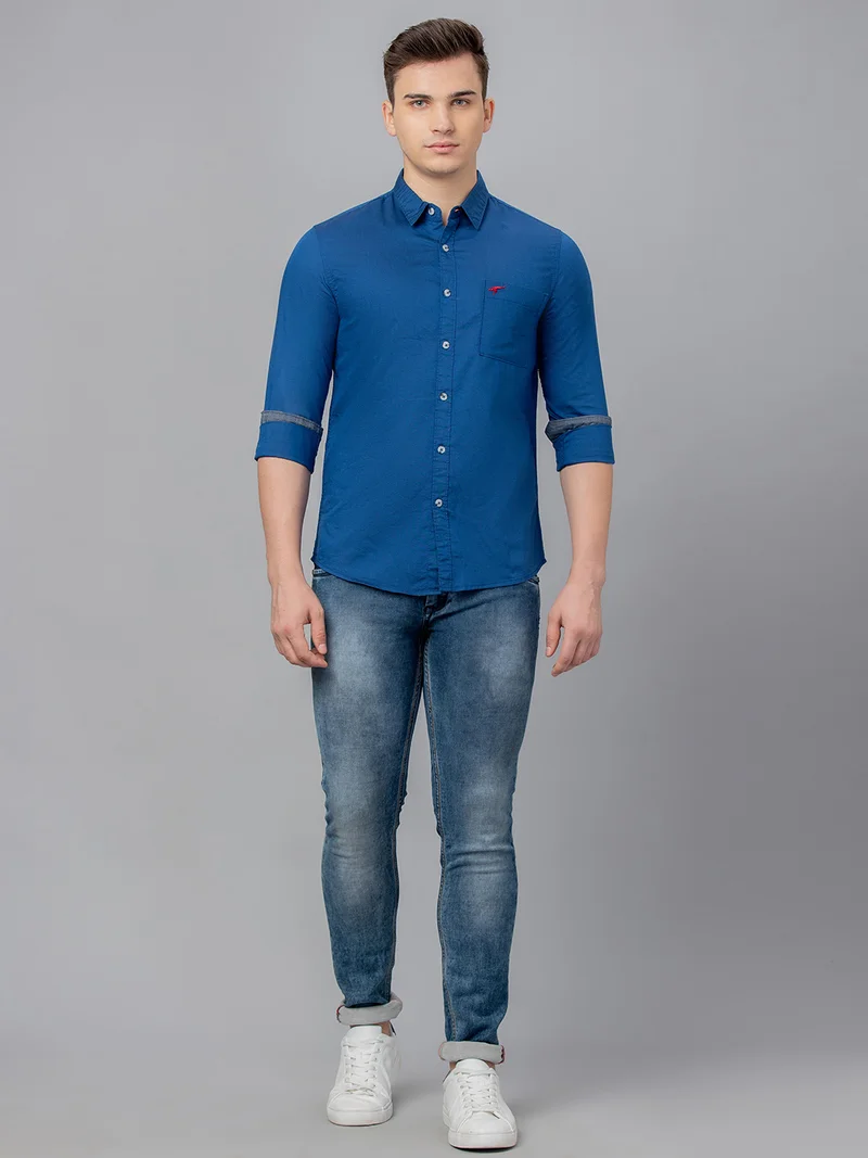 جلو باص قميص رجالي قطن كحلي سادة بقصة عادية كاجوال