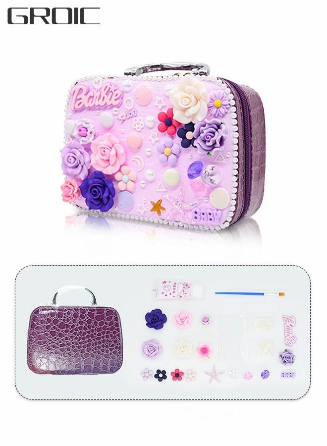 GROIC Girls Makeup Bag, Travel Cosmetic Bag Purple, Multifunctional Handbag with DIY Materials for Kids  - Image 1