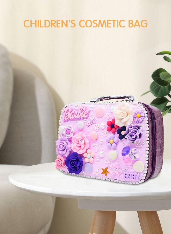 GROIC Girls Makeup Bag, Travel Cosmetic Bag Purple, Multifunctional Handbag with DIY Materials for Kids  - Image 3