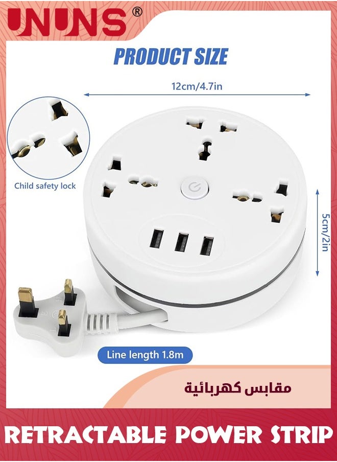 UNUNS Retractable Power Strip,6ft Extension Cord Retractable Power Strip Surge Protector with 2 Outlets 3 Smart USB Ports,Portable Travel Power Strip for Home,Office,Hotel (White)  - Image 2