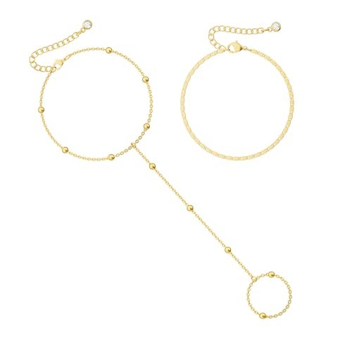 Moodear Trendy 14K Gold Hand Chain Bracelet for Women - Adjustable Cute Layered Bead Dot Link Ring Hand Chain Bracelets Non Tarnish Jewelry Gift - Image 1