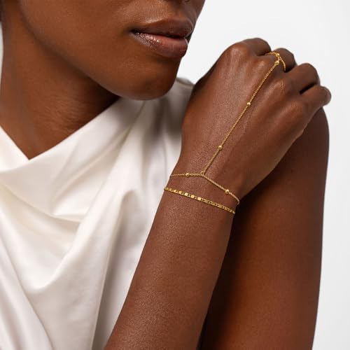 Moodear Trendy 14K Gold Hand Chain Bracelet for Women - Adjustable Cute Layered Bead Dot Link Ring Hand Chain Bracelets Non Tarnish Jewelry Gift - Image 4