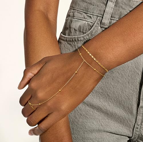 Moodear Trendy 14K Gold Hand Chain Bracelet for Women - Adjustable Cute Layered Bead Dot Link Ring Hand Chain Bracelets Non Tarnish Jewelry Gift - Image 2