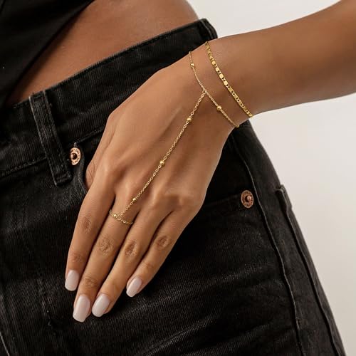Moodear Trendy 14K Gold Hand Chain Bracelet for Women - Adjustable Cute Layered Bead Dot Link Ring Hand Chain Bracelets Non Tarnish Jewelry Gift - Image 3