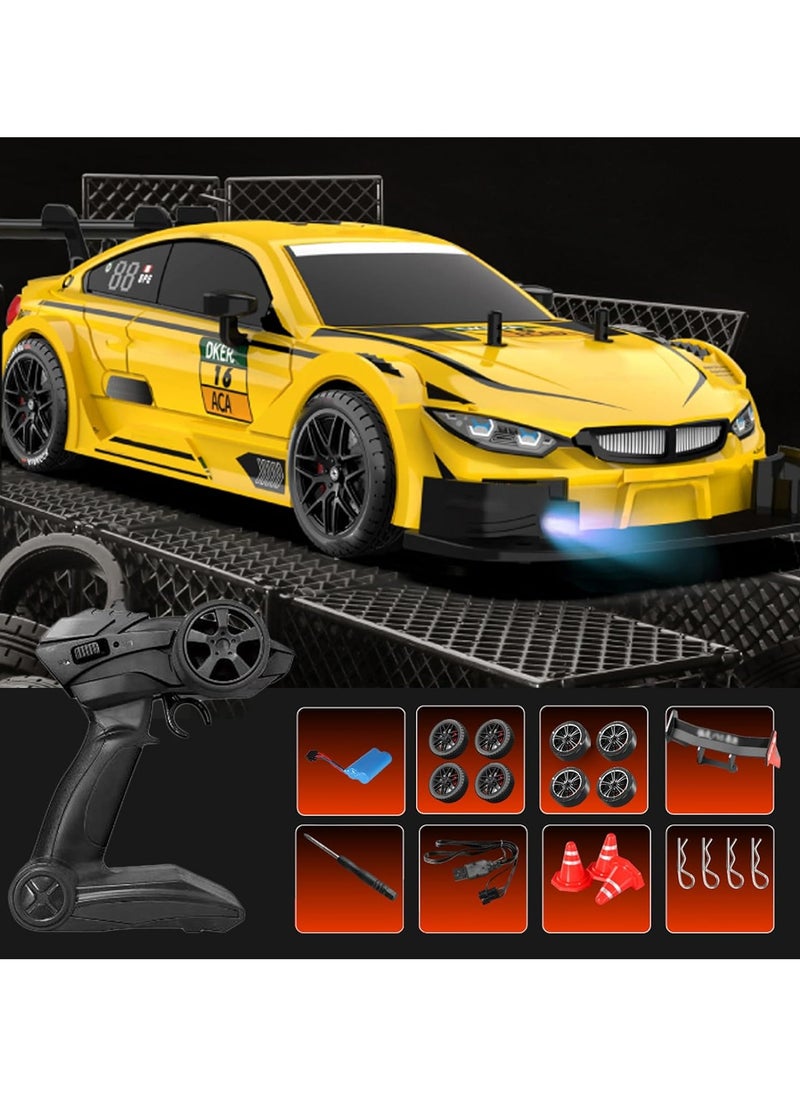 Harvestoy Harvestoy Remote Control Car 1/16 Scale RC Drift Car 2.4GHz 4WD High Speed 30+KM/H Classic Vehicle with LED Lights Drifting Tires Racing Vehicle Toys Gifts for Adults Boys, 2 Batteries, Yellow  - Image 2