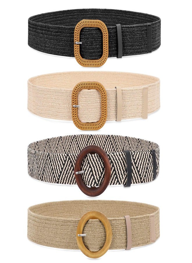 WHIPPY Set of 4 Straw Woven Elastic Stretch Waist Belts for Women, Fashion Boho Ladies Braided Skinny Dress Belt by WHIPPY - Image 1