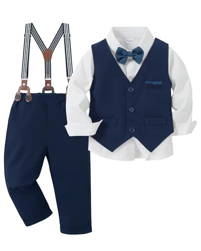 nilikastta Navy Blue Boys Linen Outfit For Boys Suits For Boys Suspenders And Bow Tie Set Toddler Boys Tuxedo Toddler Boy Fall Outfits for Performance 56years