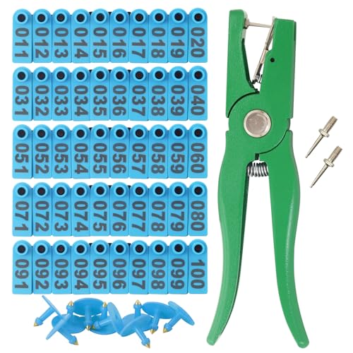 APlayfulBee Sheep Ear Tag 001-100 Number Plastic Livestock Tags Goat with Punch Applicator Plier Tools and 2Pcs Ear Tag Pins (Blue, 001-100) - Image 1