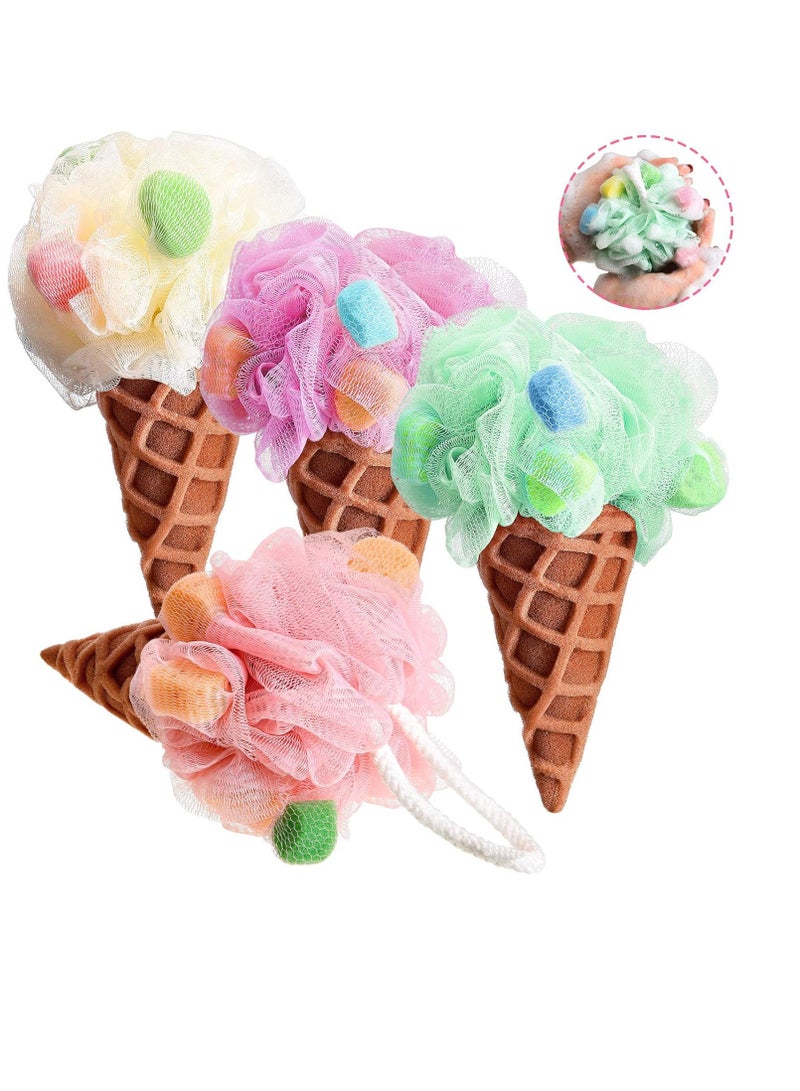 Geiserailie 4 Pieces Kids Loofah Ice Cream Cone Bath Sponge Kids Bath Shower Sponge Body Scrubber Exfoliating Loofah for Kids Spa Shower  - Image 1
