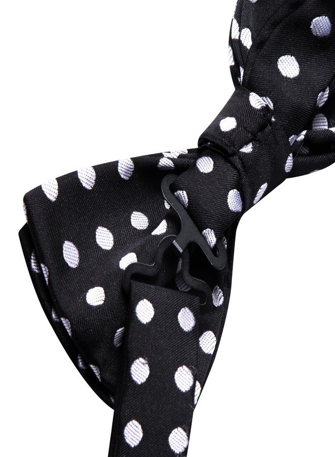 Hi-Tie Mens Black White Polka Dot Bow Ties Pre-Tied Silk Adjustable Bowties Lapel Pin Pocket Square Set for Wedding - Image 3