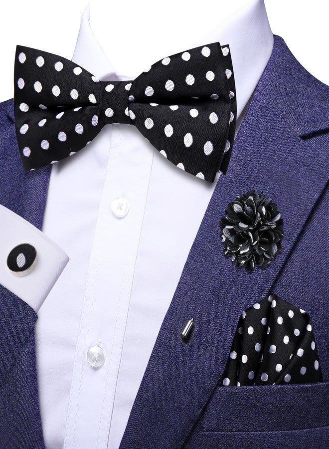 Hi-Tie Mens Black White Polka Dot Bow Ties Pre-Tied Silk Adjustable Bowties Lapel Pin Pocket Square Set for Wedding - Image 2