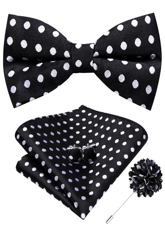 Hi-Tie Mens Black White Polka Dot Bow Ties Pre-Tied Silk Adjustable Bowties Lapel Pin Pocket Square Set for Wedding - Image 1