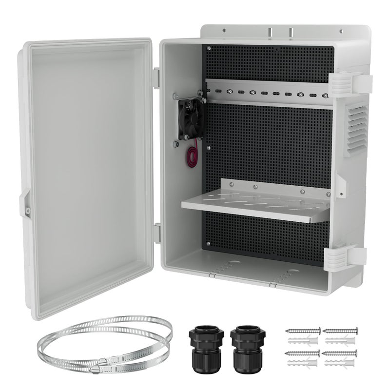 Joinfworld White Outdoor Electrical Box Waterproof Nema Enclosure 16x11x6 Plastic WiFi Box with Fan Vented Dust Screen - Image 1