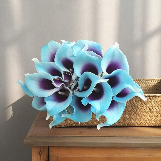 20 PCS ARTIFICIAL CALLA LILY REAL TOUCH FLOWES FAKE FLOWERS WEDDING BOUQUETS HOME FLORAL DECORATIONS BLUE PURPLE CALLA LILY