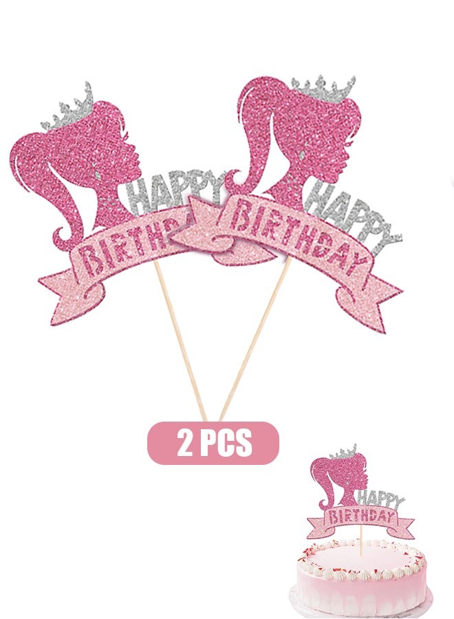 2 Pcs Barbie Theme Cakes Toppers, 3D Glitter Cupcake Toppers Birthday Supplies, DIY Wedding Engagement Bachelorette Party Decorations (Pink)  - Image 1