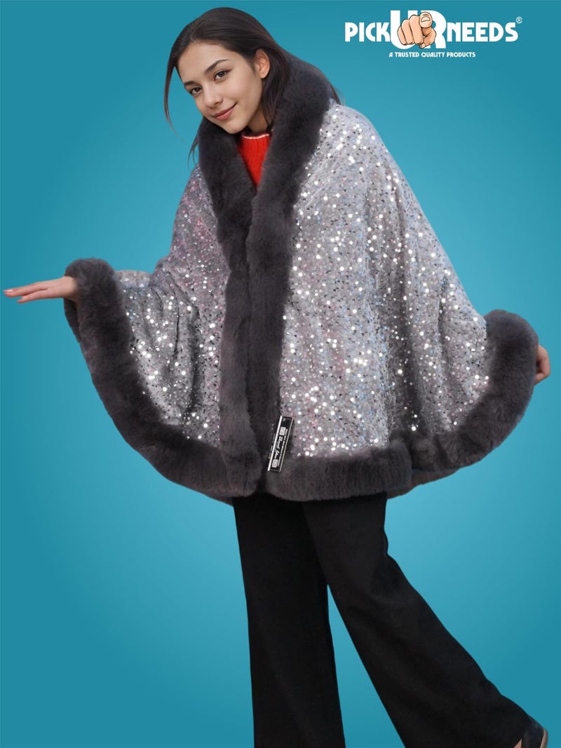 Pick Ur Needs Luxury Sequin Faux Fur Shawl for Women Poncho & Winter Shrug Soft Warm Designer Wrap for Evening Parties (Grey) - Image 4
