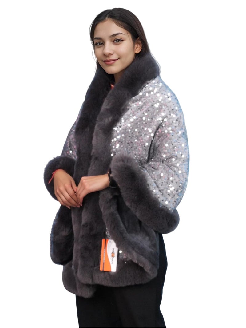 Pick Ur Needs Luxury Sequin Faux Fur Shawl for Women Poncho & Winter Shrug Soft Warm Designer Wrap for Evening Parties (Grey) - Image 1