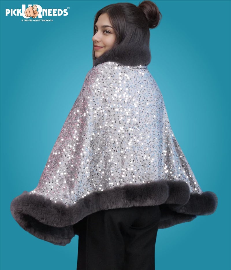 Pick Ur Needs Luxury Sequin Faux Fur Shawl for Women Poncho & Winter Shrug Soft Warm Designer Wrap for Evening Parties (Grey) - Image 3