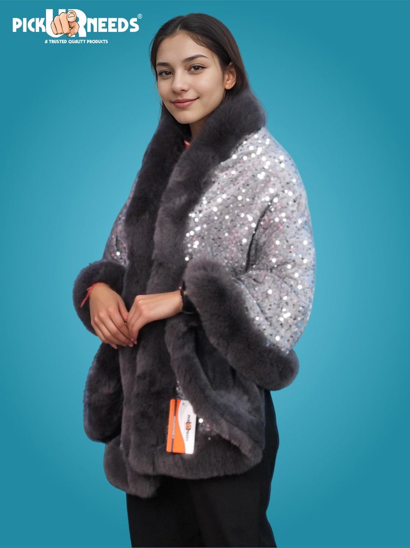 Pick Ur Needs Luxury Sequin Faux Fur Shawl for Women Poncho & Winter Shrug Soft Warm Designer Wrap for Evening Parties (Grey) - Image 5
