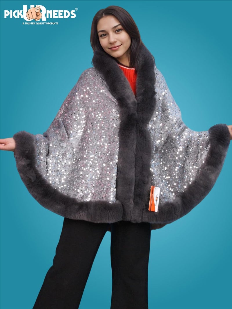 Pick Ur Needs Luxury Sequin Faux Fur Shawl for Women Poncho & Winter Shrug Soft Warm Designer Wrap for Evening Parties (Grey) - Image 2