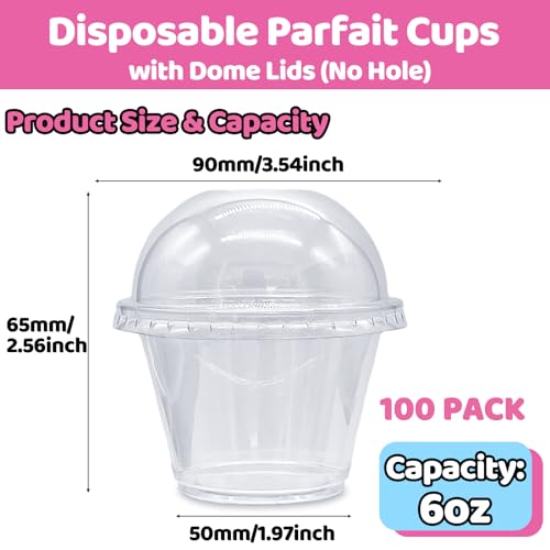 Alaeseje 100 Pack 6 oz Plastic Cups with Dome Lids (No Hole),Crystal Clear PET Dessert Cups,Disposable Party Dessert Cups for Fruit,Parfait,Pudding,Yogurt,Ice Cream,Cold Drinks - Image 2