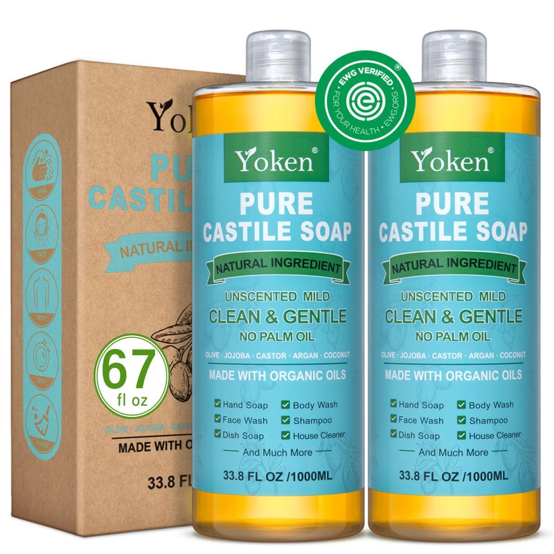 Yoken Pure Castile Soap Liquid Unscented 67 fl oz Castile Liquid Soap Made With Organic Oil Clean  Gentle No Palm OilVegan Natural Castile Soap for Face Body Wash Hand Soap Dishes Multipurpose