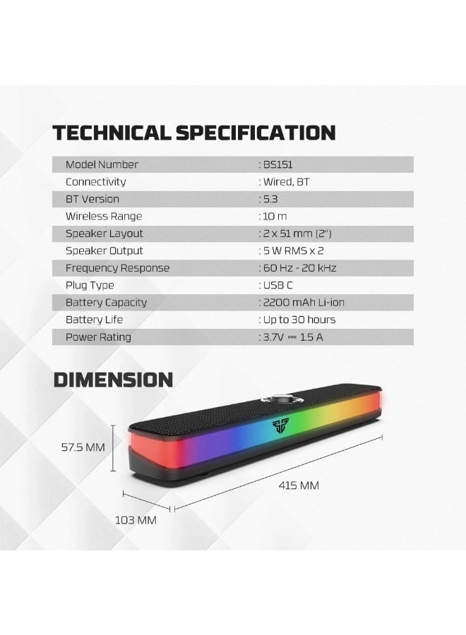 Fantech Groove Bar Pro BS151 Portable Bluetooth Gaming Speaker RGB USB-C 10W Stereo 30 Hours Battery Black - Image 2