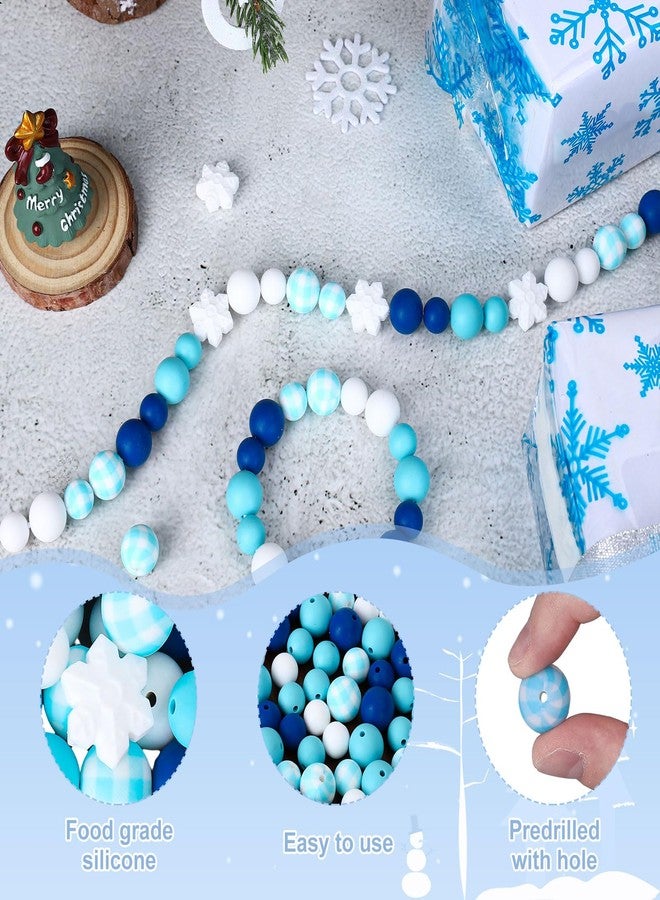 Whaline 96Pcs Winter Silicone Beads with Elastic Rope Christmas Blue Buffalo Plaid Round Snowflake Xmas Loose Spacer Beads for Winter Wonderland DIY Crafts Jewelry Necklaces Bracelets Keychain Making - Image 3