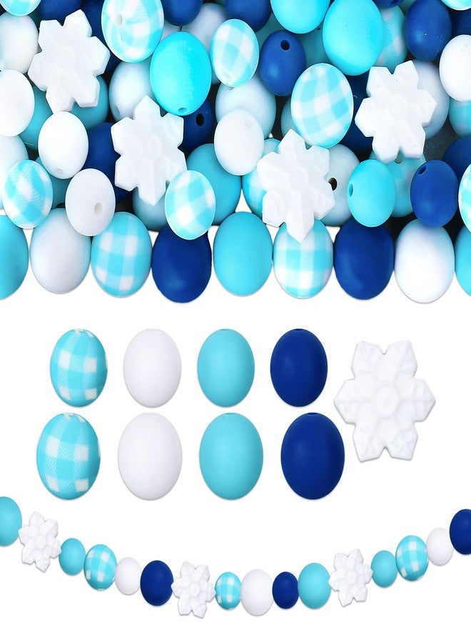 Whaline 96Pcs Winter Silicone Beads with Elastic Rope Christmas Blue Buffalo Plaid Round Snowflake Xmas Loose Spacer Beads for Winter Wonderland DIY Crafts Jewelry Necklaces Bracelets Keychain Making - Image 1