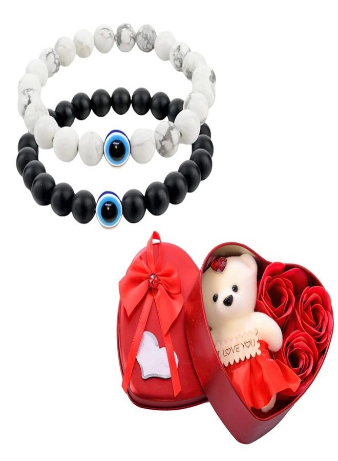 Thrillz Valentine Gift For Girlfriend Evil Eye Couple Bracelet Natural Stone Beads Black and White Adjustable Bracelet For Women Men With Heartbox Love Gifts - Image 1