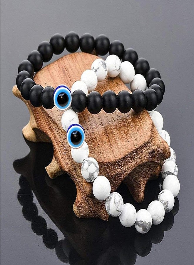 Thrillz Valentine Gift For Girlfriend Evil Eye Couple Bracelet Natural Stone Beads Black and White Adjustable Bracelet For Women Men With Heartbox Love Gifts - Image 2