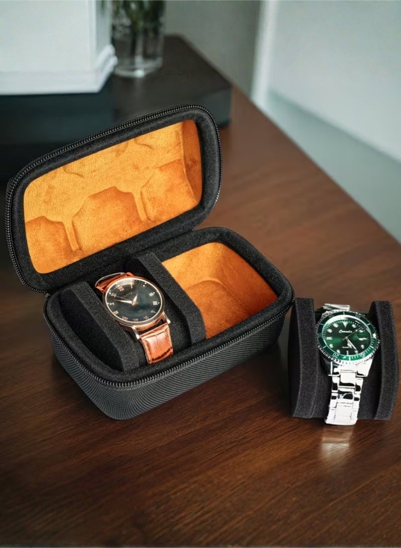 ZedAura Premium Portable Watch Case for 2 Watches Hard Shell Travel Watch Box with Shockproof Foam Pillows Protective Watch Organizer for Home Storage Fits Small & Large Dials (Black/Orange) - Image 3