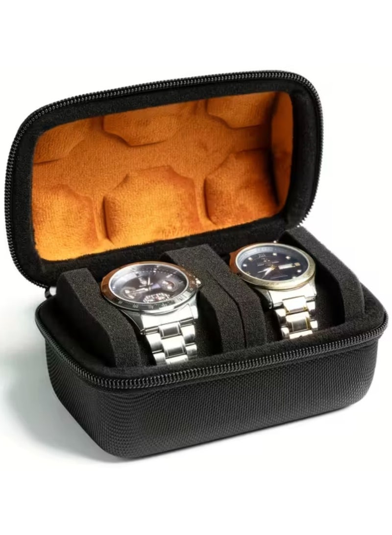 ZedAura Premium Portable Watch Case for 2 Watches Hard Shell Travel Watch Box with Shockproof Foam Pillows Protective Watch Organizer for Home Storage Fits Small & Large Dials (Black/Orange) - Image 1