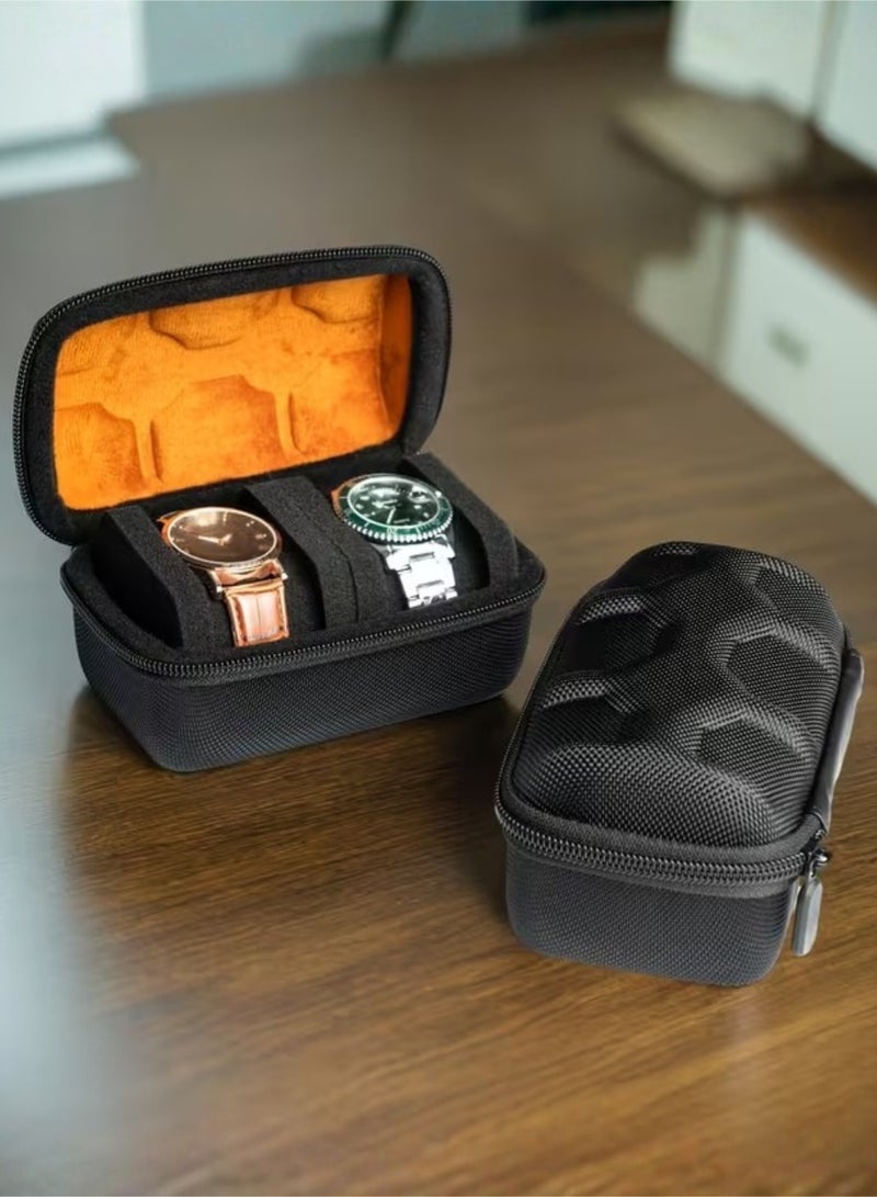 ZedAura Premium Portable Watch Case for 2 Watches Hard Shell Travel Watch Box with Shockproof Foam Pillows Protective Watch Organizer for Home Storage Fits Small & Large Dials (Black/Orange) - Image 2