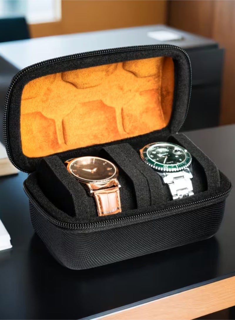 ZedAura Premium Portable Watch Case for 2 Watches Hard Shell Travel Watch Box with Shockproof Foam Pillows Protective Watch Organizer for Home Storage Fits Small & Large Dials (Black/Orange) - Image 4