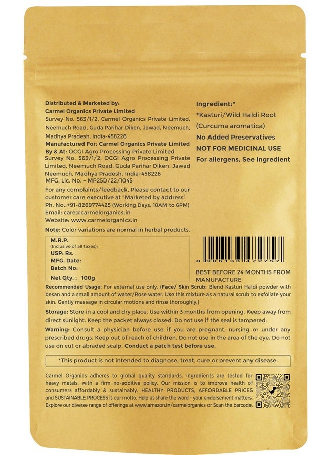 CARMEL ORGANICS CARMEL ORGANICS Kasturi Haldi/Wild Turmeric Root Powder 100gm | No Added Preservatives | Kasturi Manjal Powder For Your Skin Care | Poolankilangu | Curcuma Aromatica  - Image 2