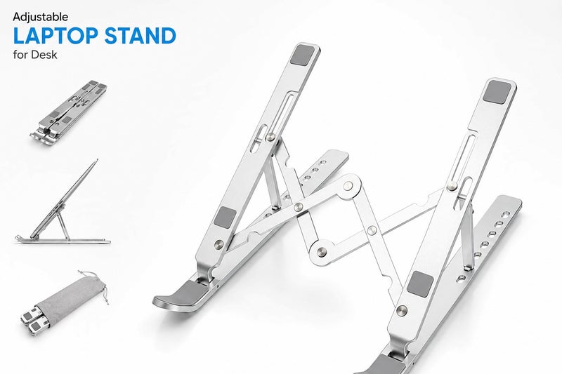 JESR AL AHLAM Adjustable Laptop Stand for Desk - Foldable & Portable Laptop Riser with Ventilated Cooling, Ergonomic Design for MacBook Pro/Air, Dell, HP, Sony, Notebooks - Lightweight, Durable & Space-Saving, Silver - Image 2