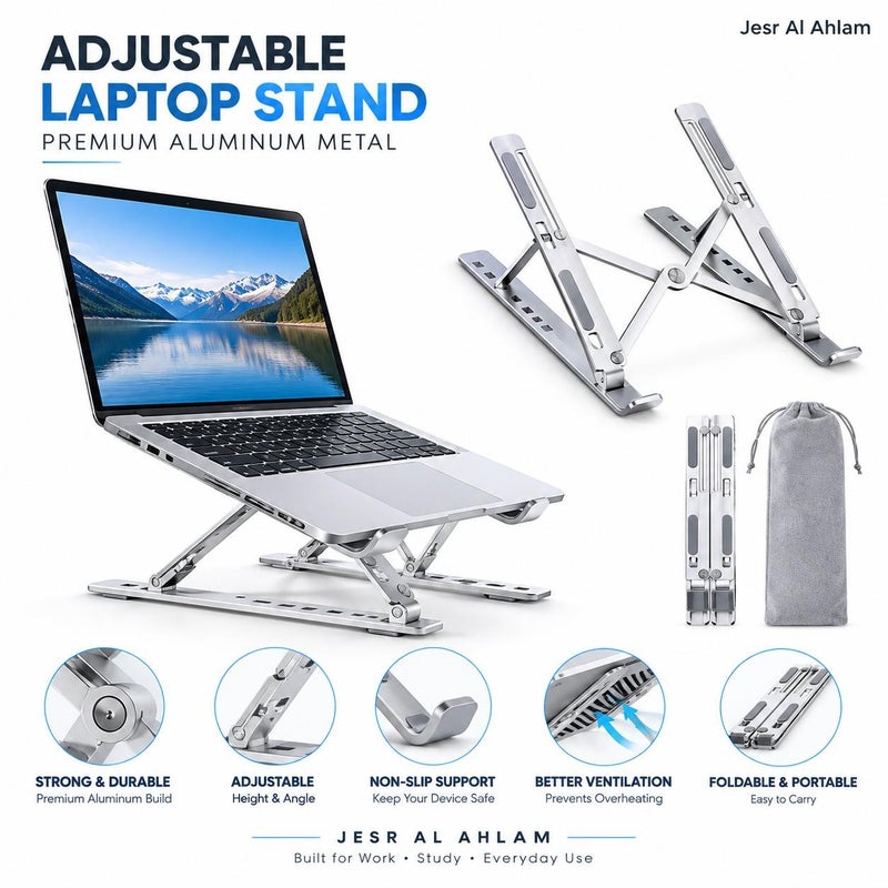 JESR AL AHLAM Adjustable Laptop Stand for Desk - Foldable & Portable Laptop Riser with Ventilated Cooling, Ergonomic Design for MacBook Pro/Air, Dell, HP, Sony, Notebooks - Lightweight, Durable & Space-Saving, Silver - Image 1