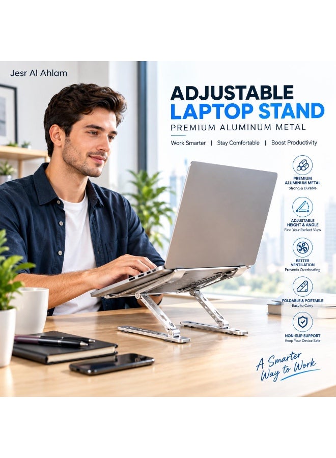 JESR AL AHLAM Adjustable Laptop Stand for Desk - Foldable & Portable Laptop Riser with Ventilated Cooling, Ergonomic Design for MacBook Pro/Air, Dell, HP, Sony, Notebooks - Lightweight, Durable & Space-Saving, Silver - Image 3