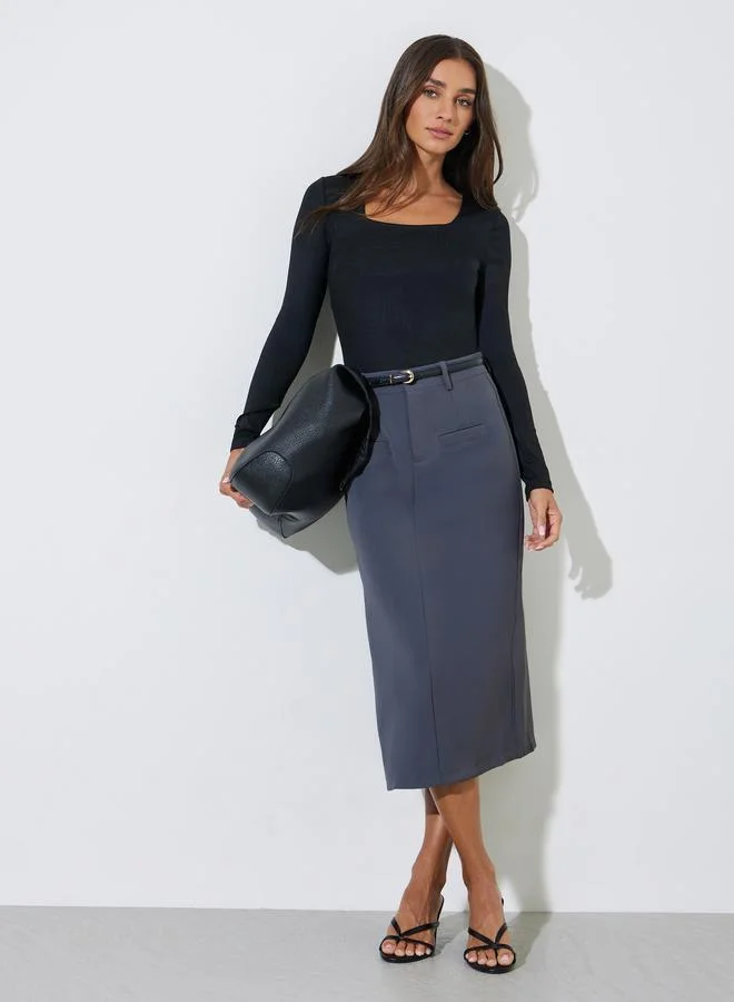 Styli Black Solid Square Neck Long Sleeves Knit Top