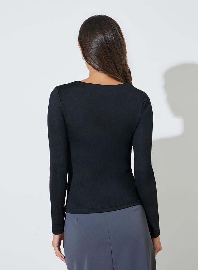 Styli Black Solid Square Neck Long Sleeves Knit Top - Image 4