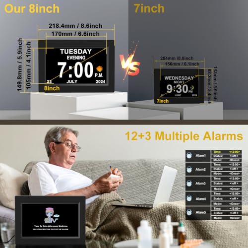 CAZOKASI 8inch Extra Large Impaired Vision Digital Alarm Clock with Day and Time for Elderly Calendar Clock Auto Dimmable Clock - Image 2