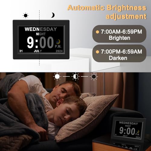 CAZOKASI 8inch Extra Large Impaired Vision Digital Alarm Clock with Day and Time for Elderly Calendar Clock Auto Dimmable Clock - Image 4